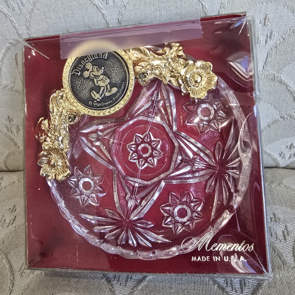 Vintage Walt Disney Disneyland Gold Plate & Crystal Ashtray Trinket Candy Dish